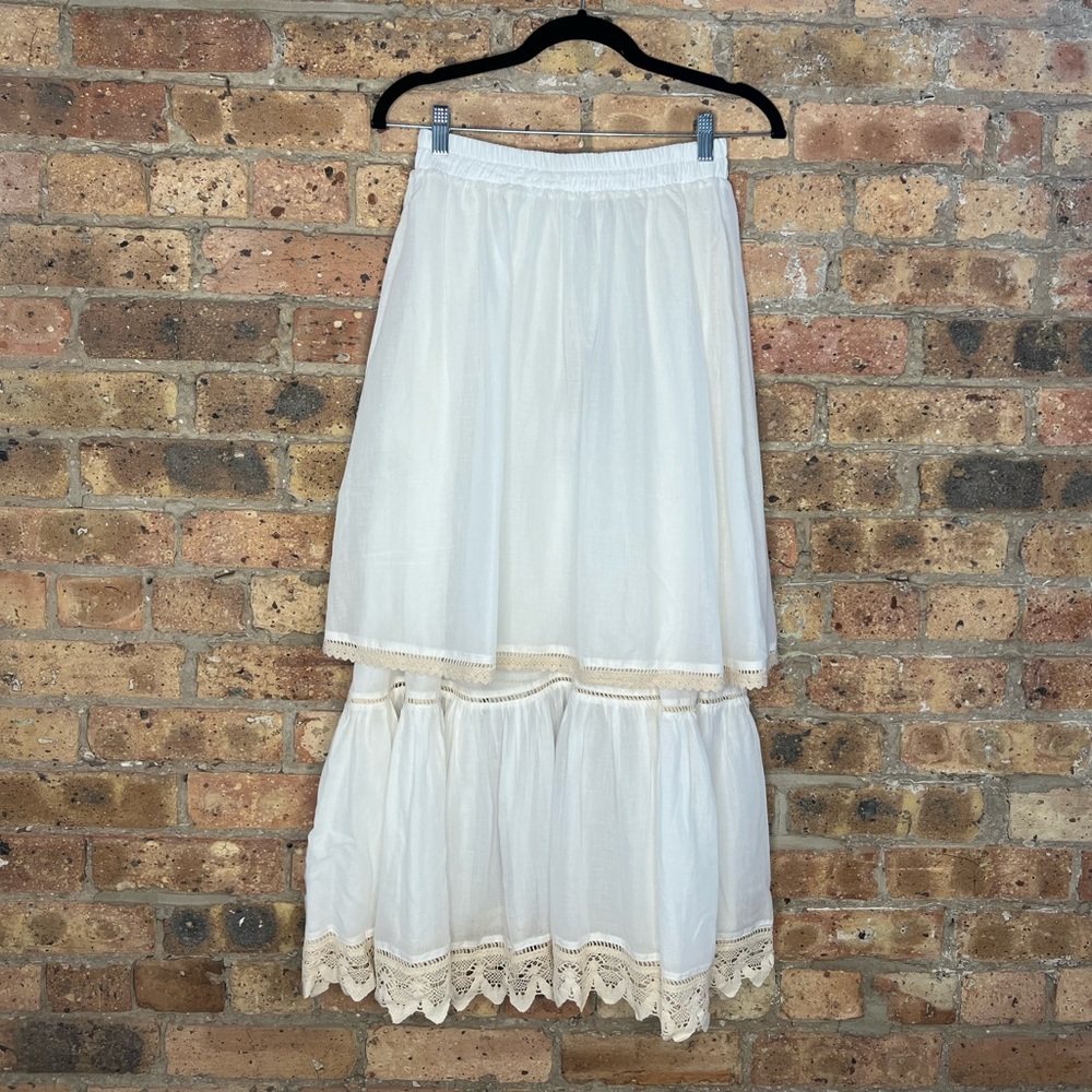 Devotion Twins white maxi skirt with crocheted detail. Size S, brand new